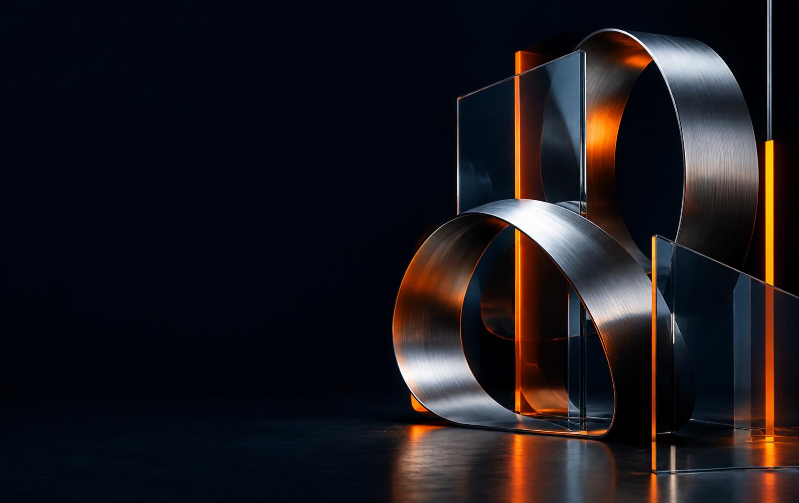 Sculptural chrome and glass digital forms with orange light